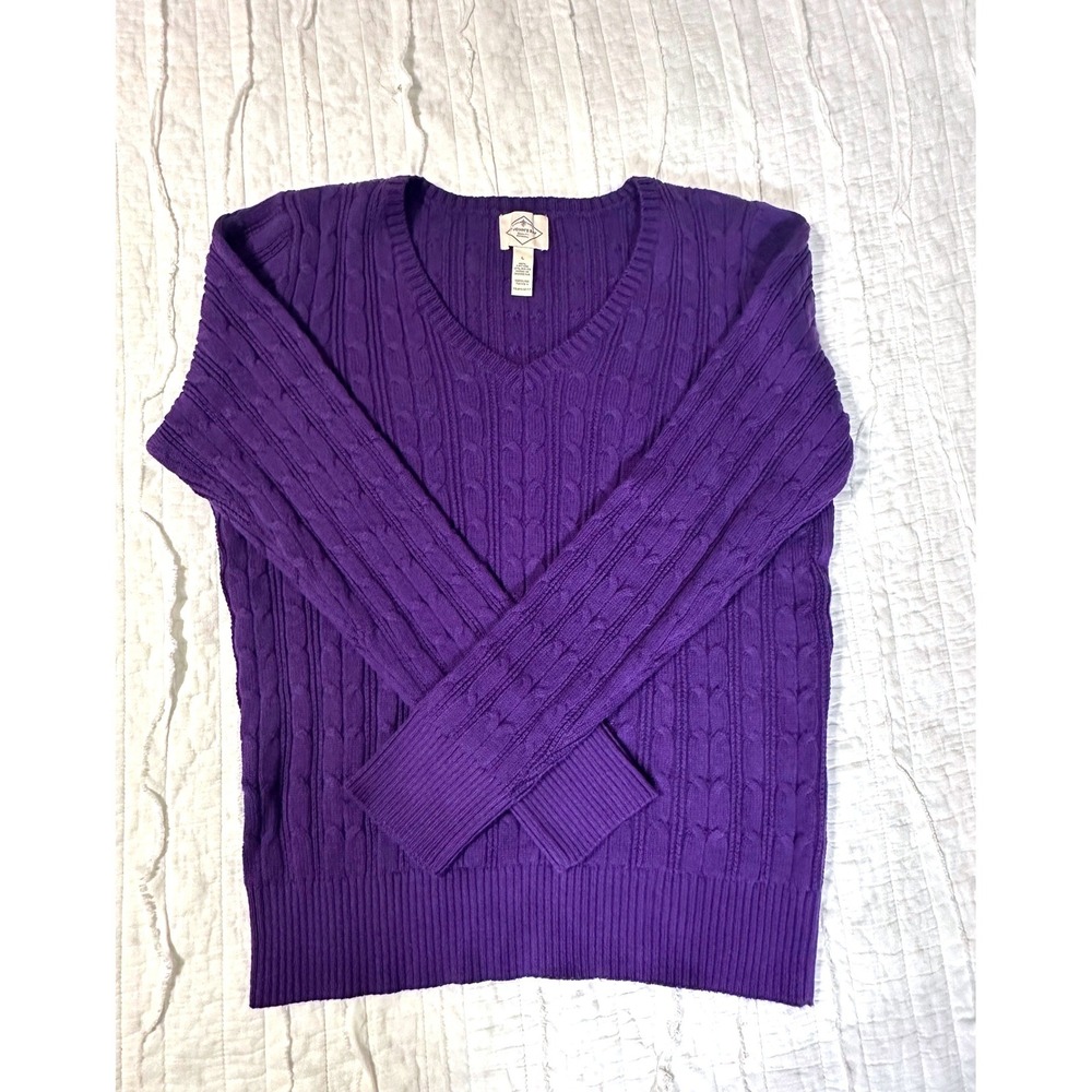 St. John's Bay Royal Purple Cable Knit V-Neck Sweater L Classic Preppy